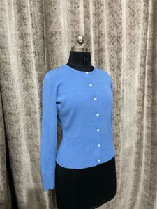 Imported Korean crew-neck blue cardigan