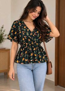 Dark Floral Print V-Neck Top