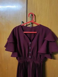 Maroon Pleated Ruffle Sleeve Dress