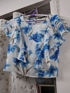 Blue Floral Ruffle Top