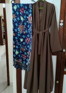 Elegant Brown Abaya Set and a blue floral dupatta