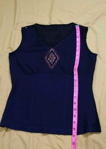 Navy Blue Embellished V-Neck Sleeveless Top