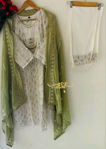 White And Green Embroidered Beautiful Churidhar
