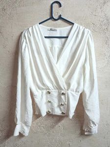Elegant Crop Wrap Blouse with Gold Buttons