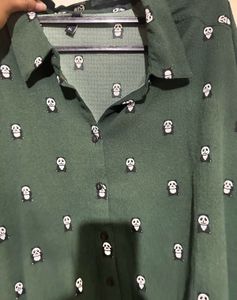 Green Panda Print Button-Up Shirt