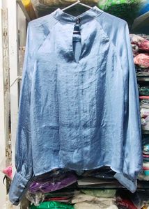 Elegant Cut-Out Neckline Blue Satin Top