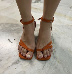 Orange Square Toe Heeled Sandals