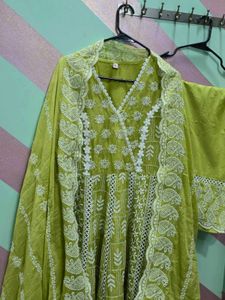 pure mulmul embroidered anarkali suit set green