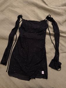 Sparkly Black Mesh Long Sleeve Mini Dress (L)