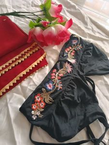 Black Floral Embroidered Bikini Top