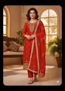 Red & Gold Embroidered  dress material