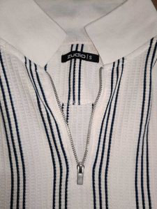 Striped Zip-Neck Polo Top