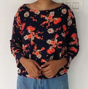 Blue And Peach Floral Print Western Top XXL Size