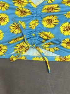 Blue Sunflower Print Ruched Crop Top