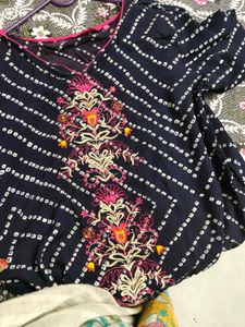 Embroidered Navy Blue Bandhani Kurta