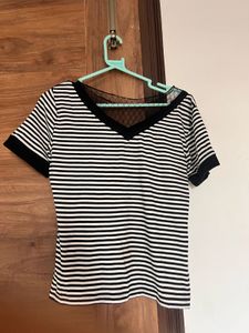 Striped Mesh Detail Top