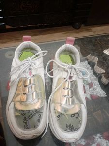 Stylish White & Gold Chunky Sneakers