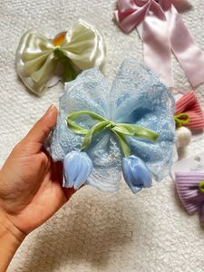 Cute Blue Lace Bow Hair Clip with Tulips