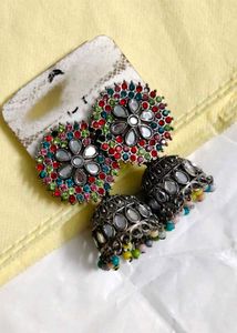 Oxidized Jhumka Earrings with Mirror & Beads
