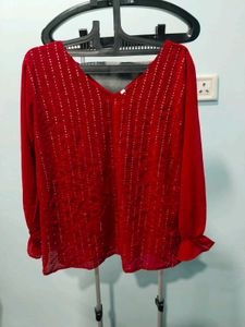 Red Embellished Long Sleeve Top