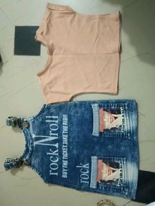 Cute Denim Overall Dress & Peach Top Set