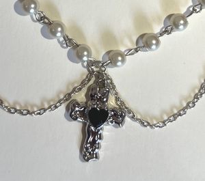 HANDMADE Silver Pearl Necklace with Cross Pendant
