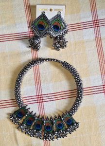 Peacock Design Oxidized Silver Necklace Set