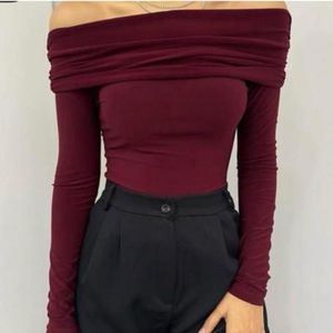 Maroon Off-Shoulder Long Sleeve Top