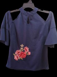 Navy Blue Embroidered Cold Shoulder Top