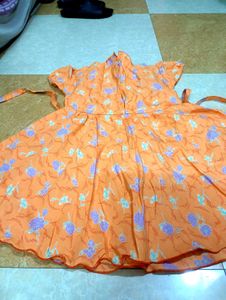 Orange Floral Print Dress for Girls