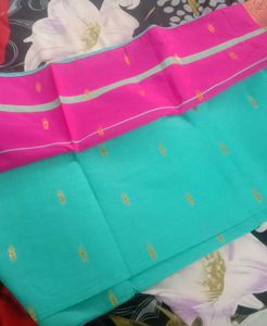Turquoise Cotton Silk Saree with Pink Pallu