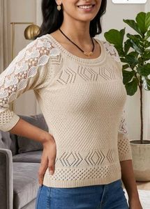 Cream Lace Sleeve Knit Sweater