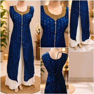 Elegant Blue Kurta Set with Gold Motifs