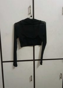 Chic Black Mesh Mock Neck Crop Top