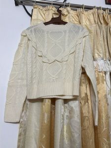 Cream Cable Knit Sweater with Ruffle Collar