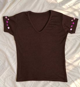 Brown Ribbed Top with Floral Embroidered De