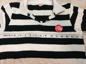 Women's black and white striped polo tee