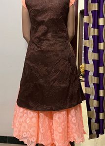 Peach Dress or Gown with Brown Overcoat