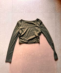 Olive Green Square Neck Long Sleeve Top