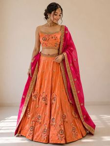 Elegant Orange Embroidered Lehenga Set