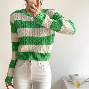 Green & Cream Striped Cable Knit Sweater