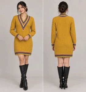 Retro Mustard V-Neck Knit Dress