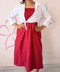 Red Smocked Dress with White Shirt