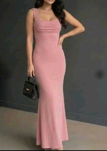 New Elegant Pink Ruched Maxi Dress