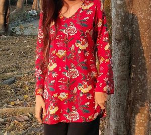 Red Floral Bell Sleeve Kurti