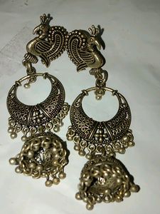 Silk Thread And Peacock oxidized Long Earrings