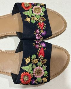 Embroidered Navy Blue Flat Sandals