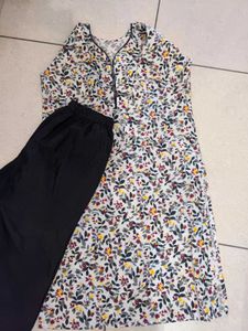 Floral Print Kurta with Black Bottom