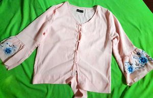 Korean Floral Embroidery Bell Sleeve Pink Crop Top