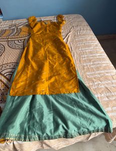 Elegant Yellow Kurta with Teal Skirt Set